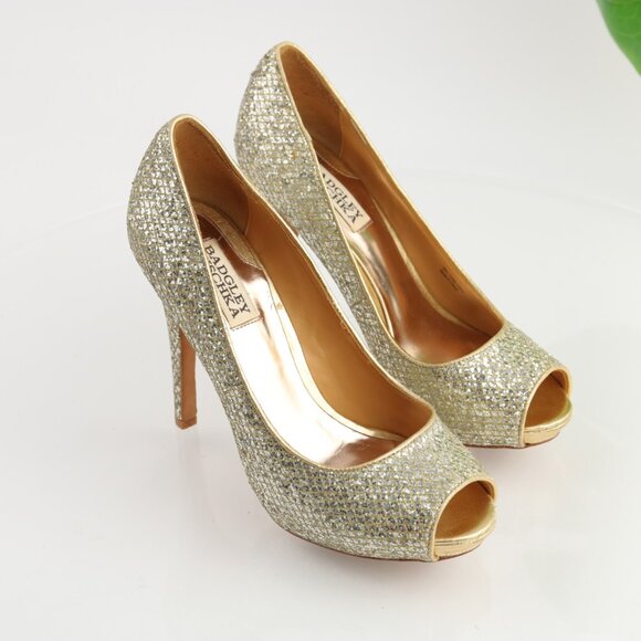 Badgley Mischka Women Humbie Pump Size 7.5 Gold Glitter Platfrom Heel Dress Shoe - Picture 2 of 12